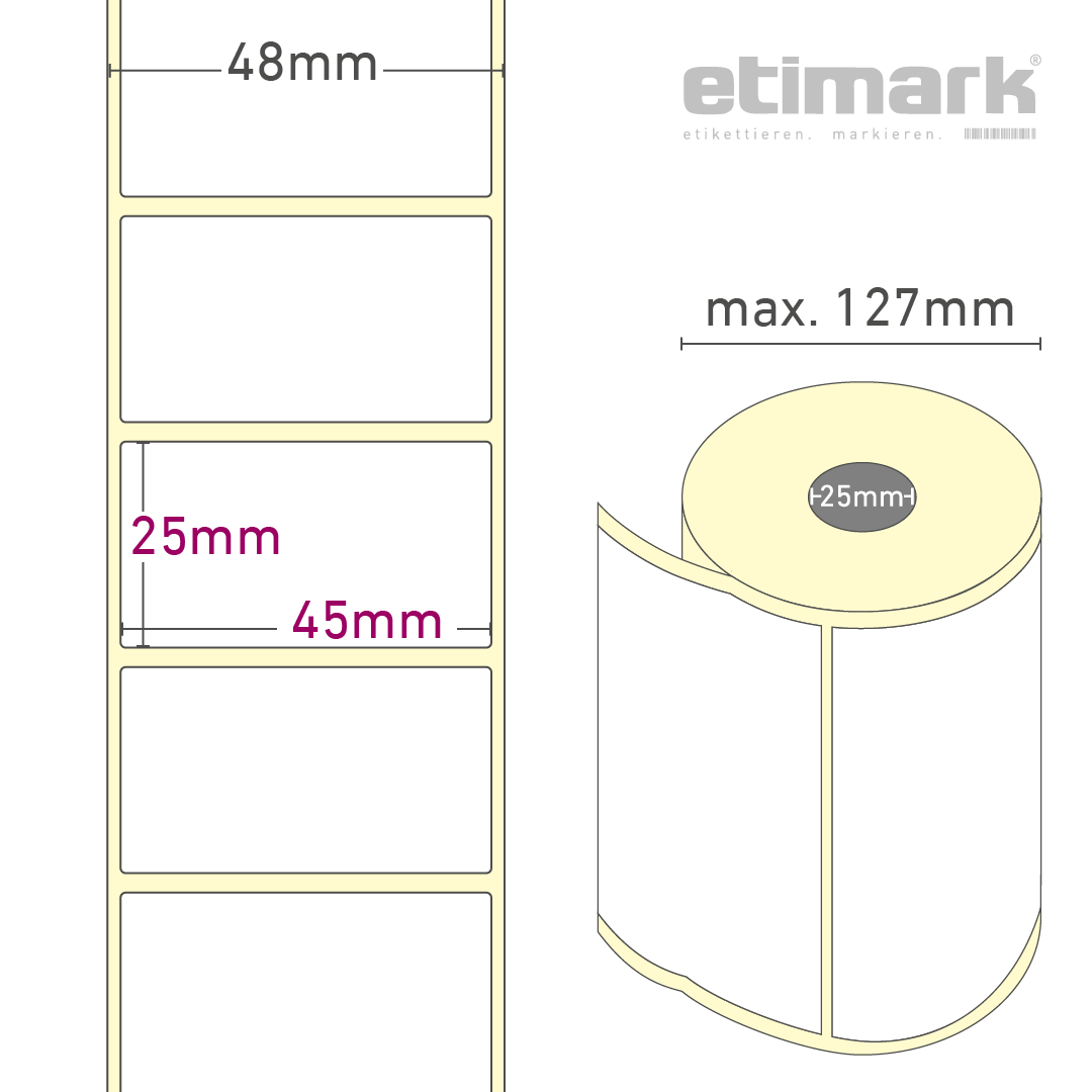 Thermotransfer Etiketten Papier, 45 mm x 25 mm 2.000 Etiketten/Rolle