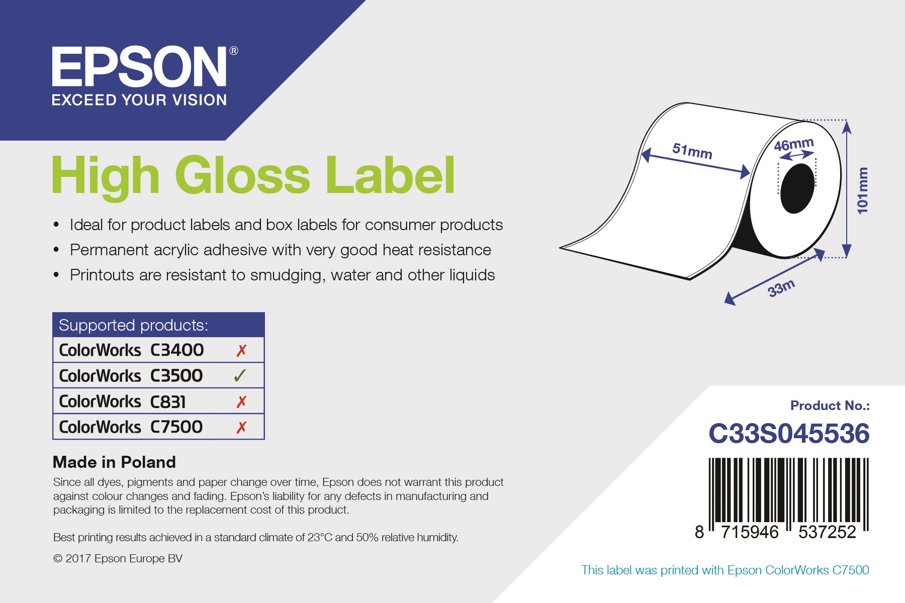 Original Epson Premium High Gloss Endlosetiketten 51mm x 33m für Epson TM-C3500