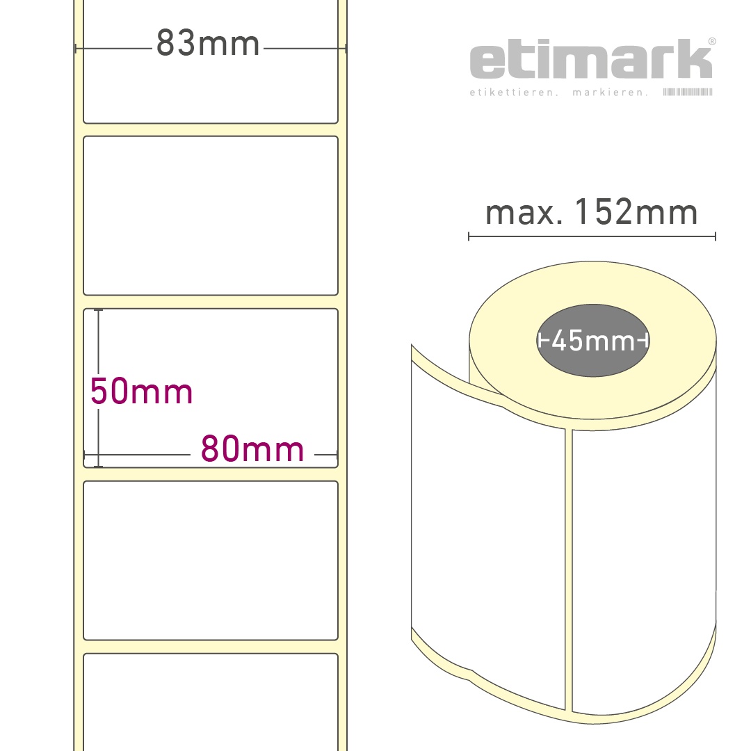 Thermotransfer Etiketten Papier, 80 mm x 50 mm 1.500 Etiketten/Rolle