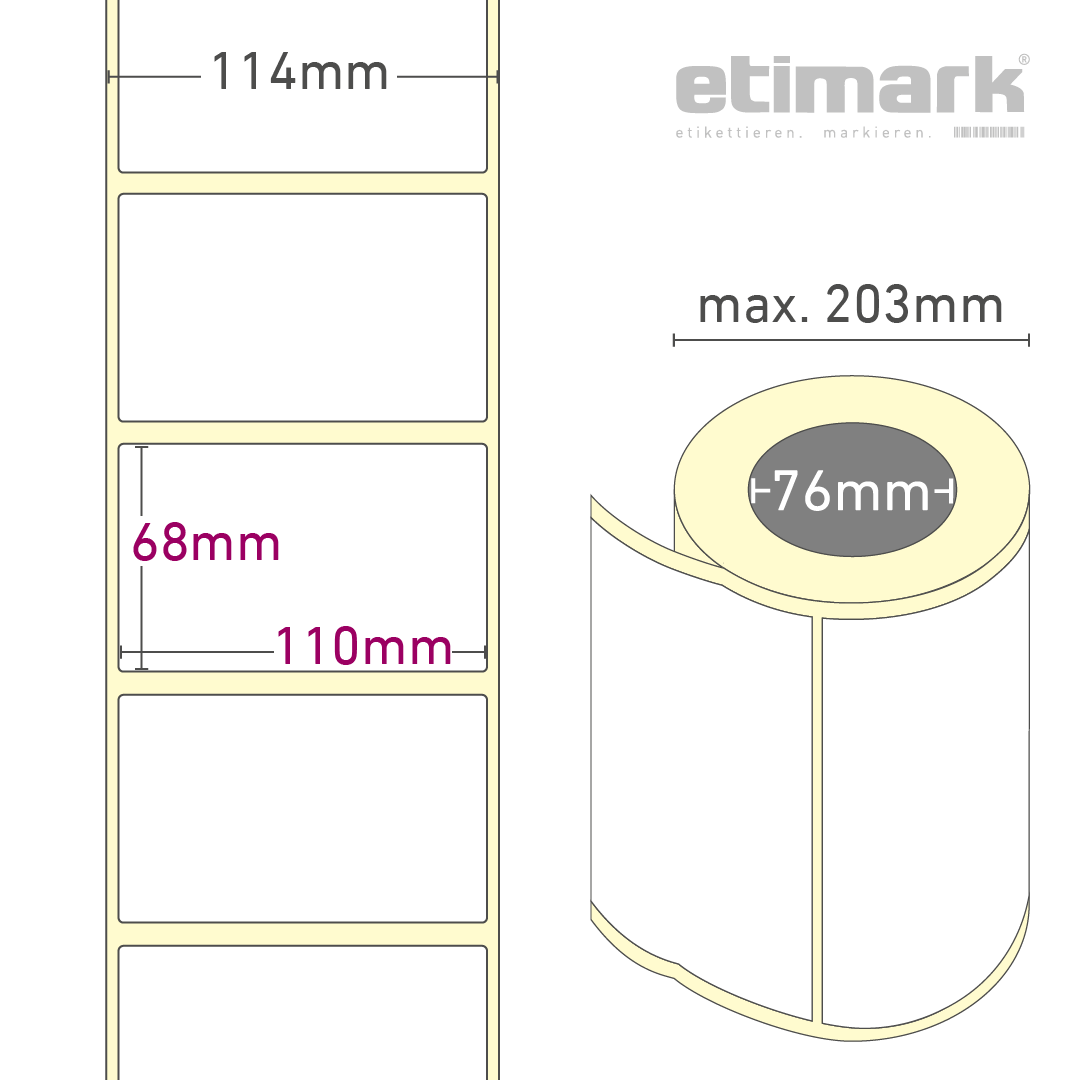 Thermotransfer Etiketten Papier, 110 x 68 mm, 1 Rolle à 1.200 Etiketten