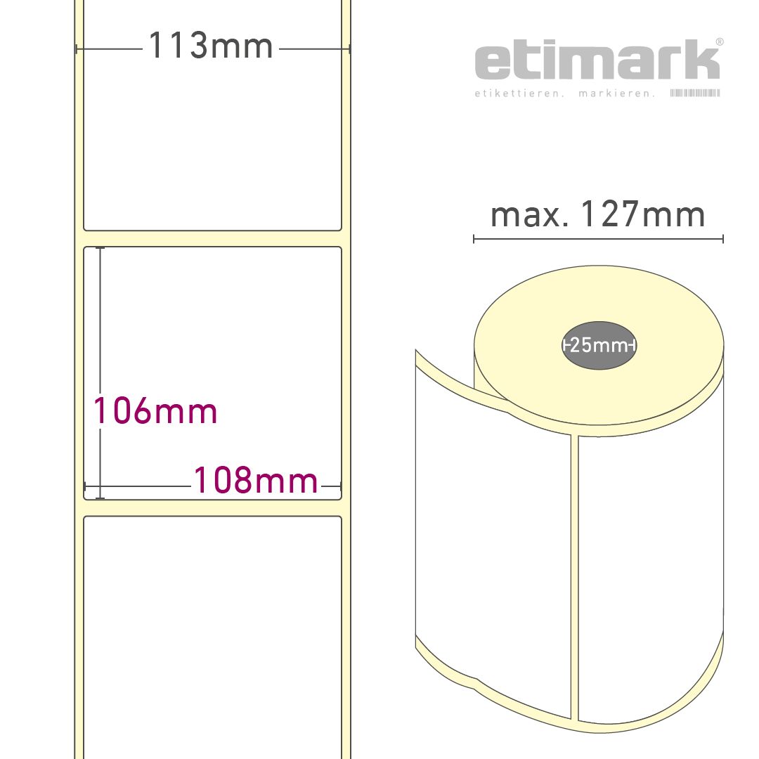 Thermotransfer Etiketten Papier, 108 mm x 106 mm 500 Etiketten/ Rolle