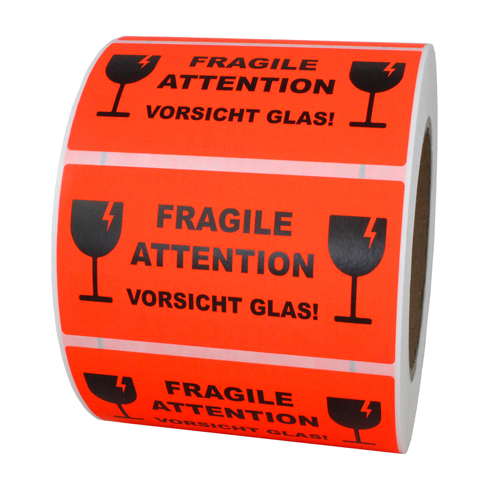 Hinweisetiketten "Fragile Attention | Vorsicht Glas", leucht-rot, perm., 100x50 mm, 1 Rolle à 1.000 Etiketten