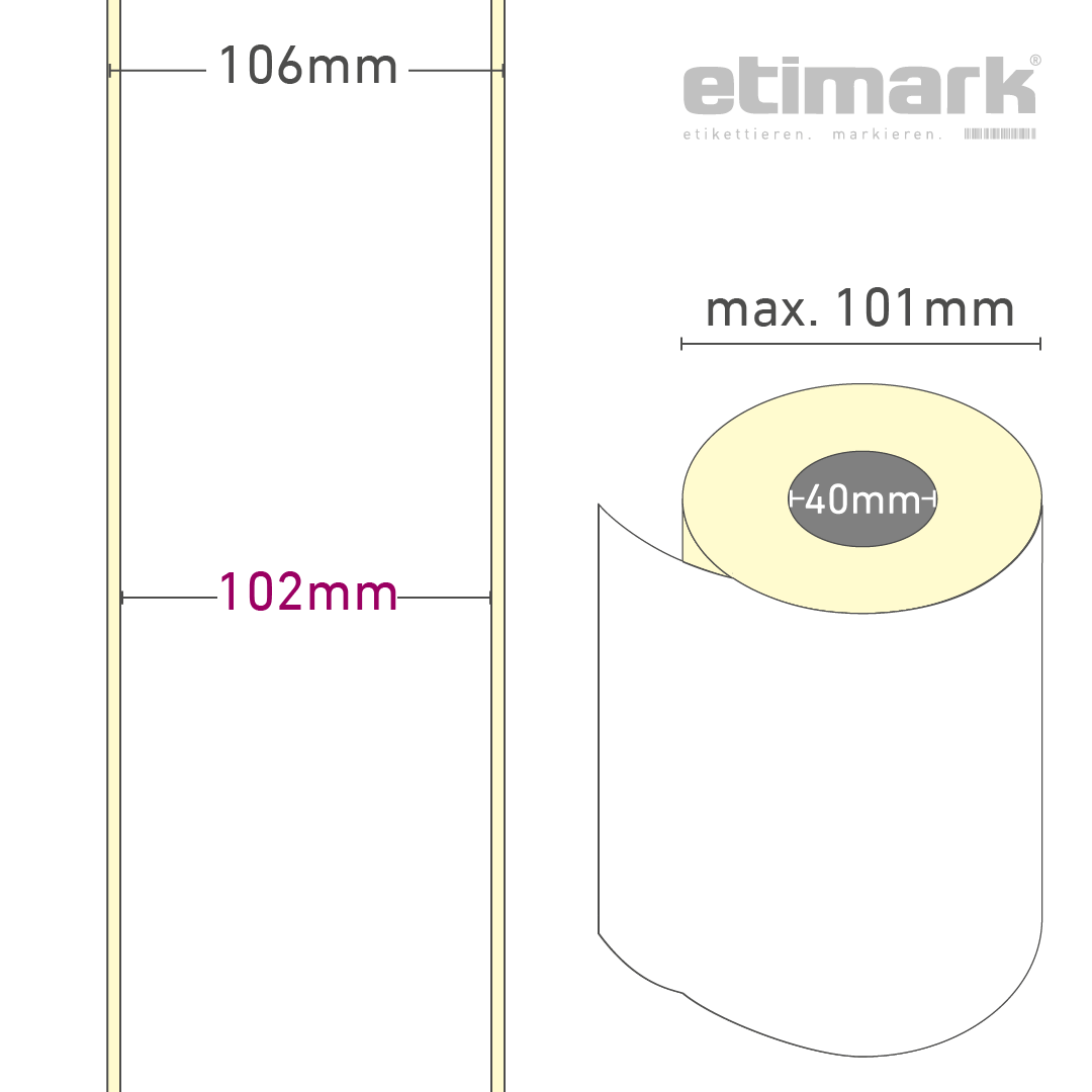 Inkjet Etiketten, Papier 102mm breit, glänzend Endlosrolle à 33 Meter