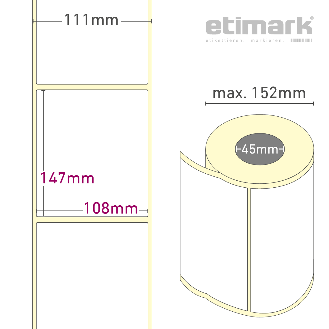 Thermotransfer Etiketten Papier, 108 mm x 147 mm 500 Etiketten/Rolle