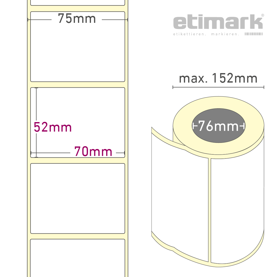 Thermotransfer Etiketten Papier, 70 x 52 mm, 1 Rolle à 1.500 Etiketten