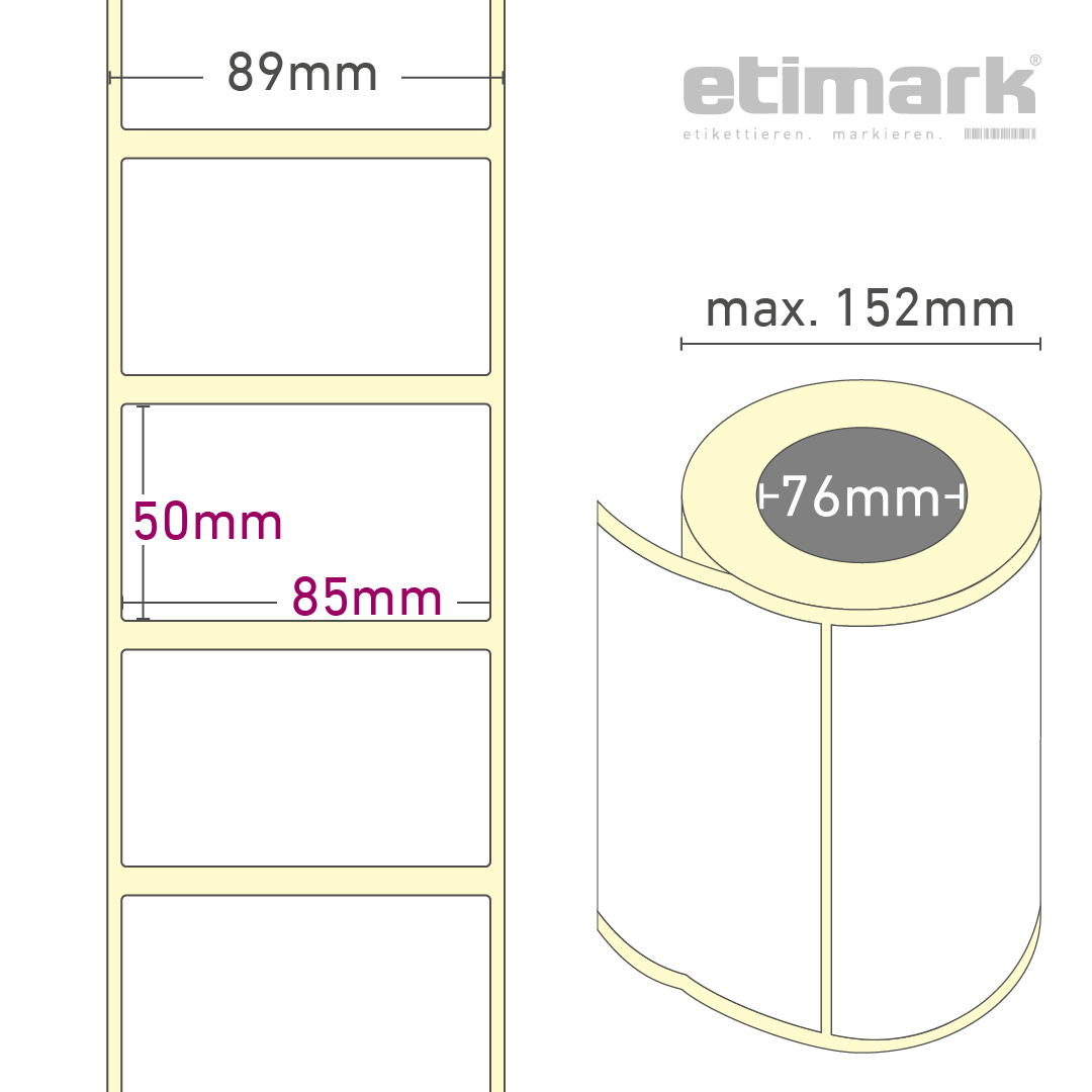 Thermotransfer Etiketten Papier, 85 x 50 mm, 1 Rolle à 1.500 Etiketten