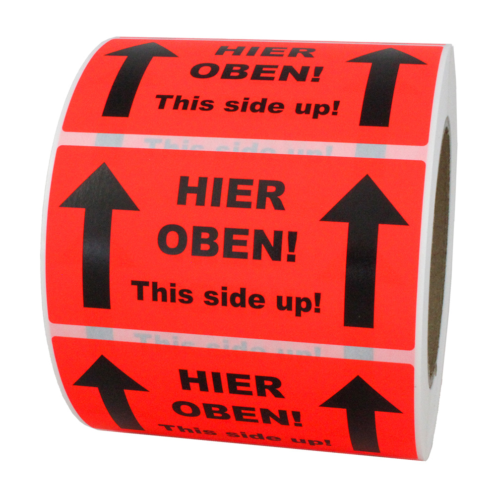 Hinweisetiketten "Hier oben - This side up", leucht-rot, perm., 100x50 mm, 1 Rolle à 1.000 Etiketten